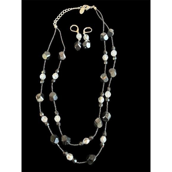Vtg Kirks Folly Black & Silver Double Strand Beaded Necklace Dangle Earrings - Picture 1 of 6